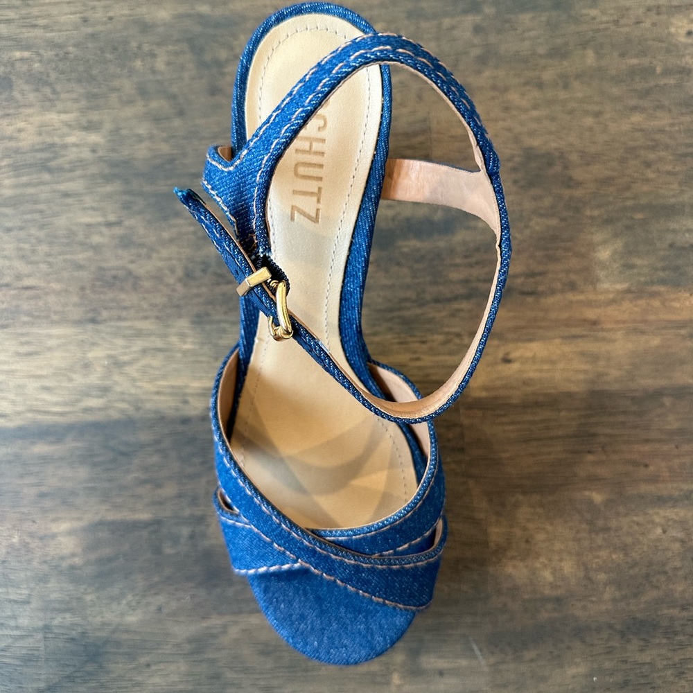 SCHUTZ Denim Blue Platform Sandal Heels - Picture 5 of 9